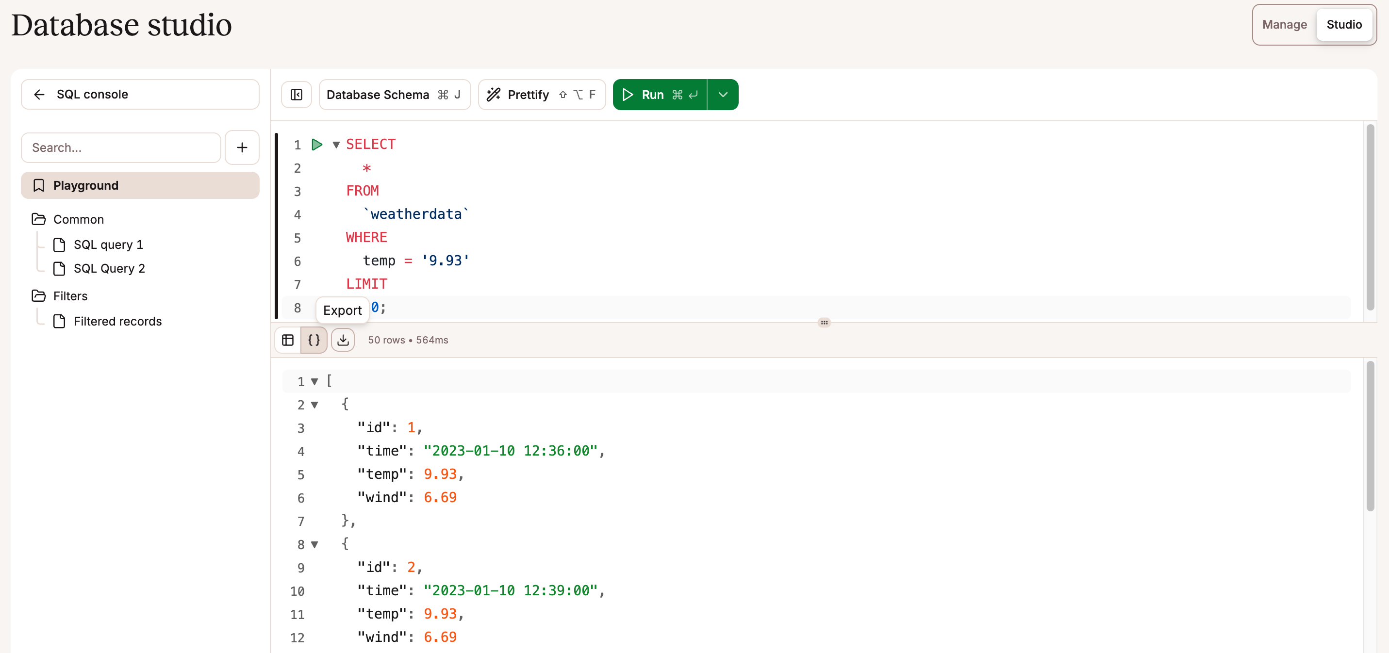 Database studio SQL console.
